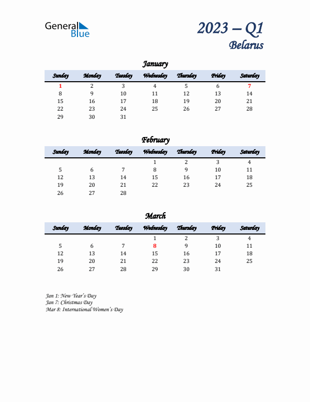 January, February, and March Calendar for Belarus with Sunday Start