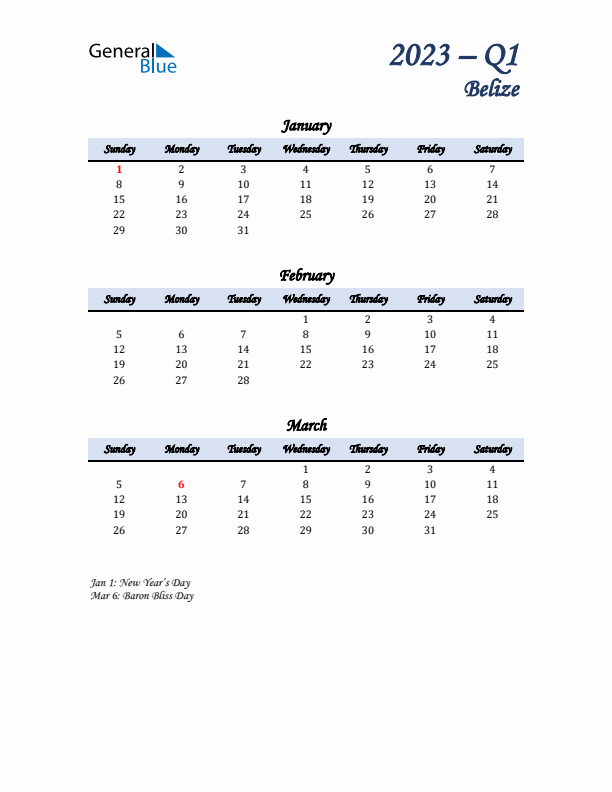 January, February, and March Calendar for Belize with Sunday Start