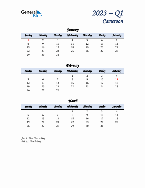 January, February, and March Calendar for Cameroon with Sunday Start