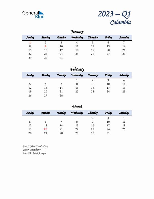 January, February, and March Calendar for Colombia with Sunday Start