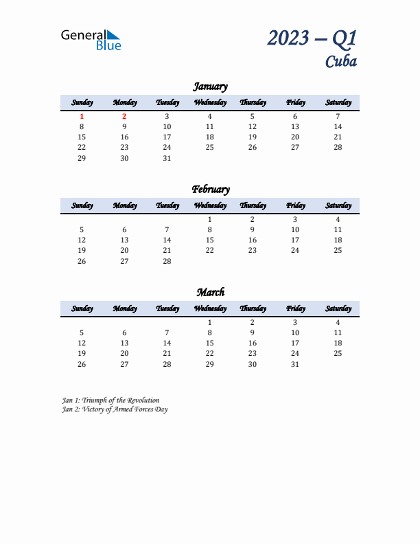 January, February, and March Calendar for Cuba with Sunday Start