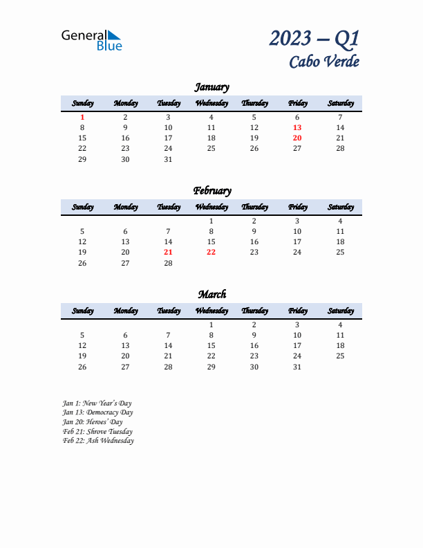 January, February, and March Calendar for Cabo Verde with Sunday Start