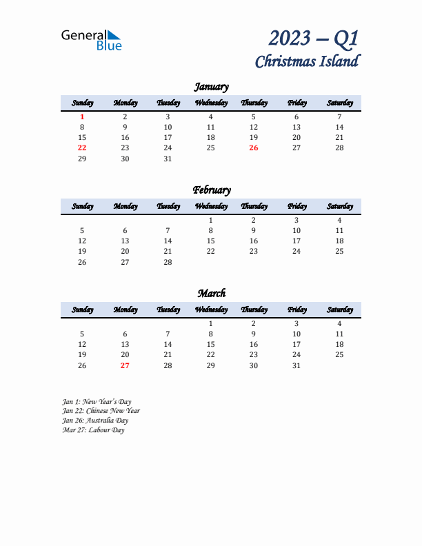 January, February, and March Calendar for Christmas Island with Sunday Start