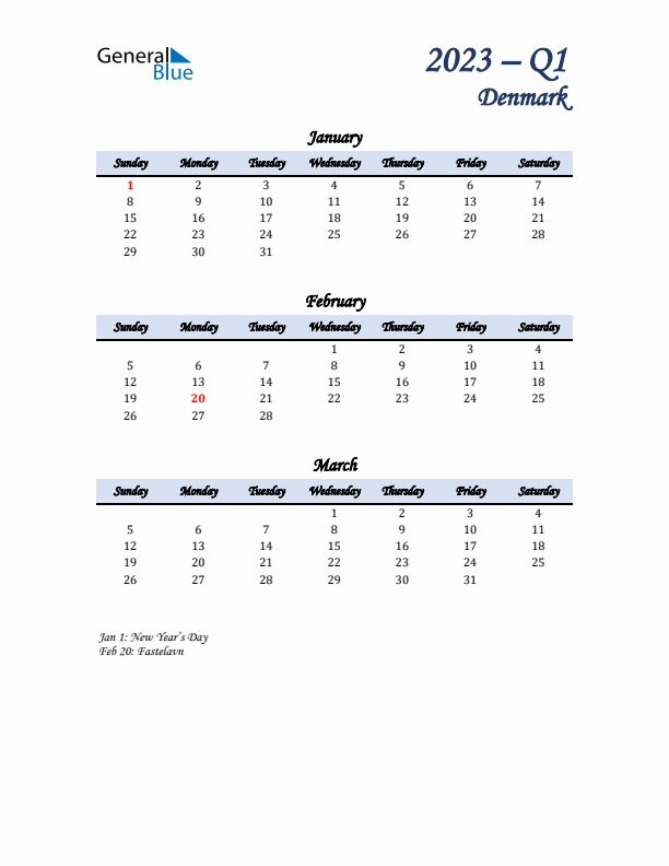 January, February, and March Calendar for Denmark with Sunday Start