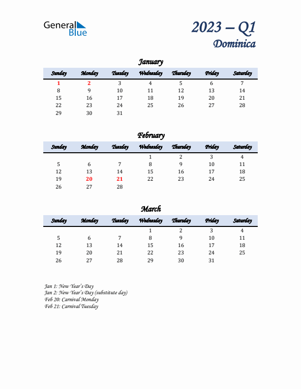 January, February, and March Calendar for Dominica with Sunday Start