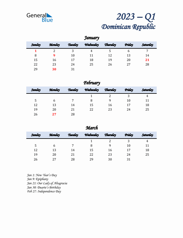 January, February, and March Calendar for Dominican Republic with Sunday Start