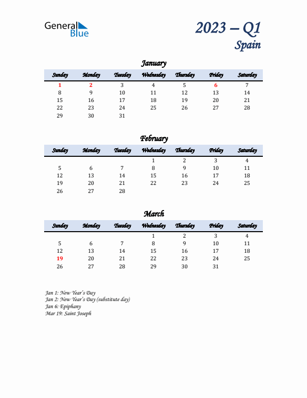 January, February, and March Calendar for Spain with Sunday Start