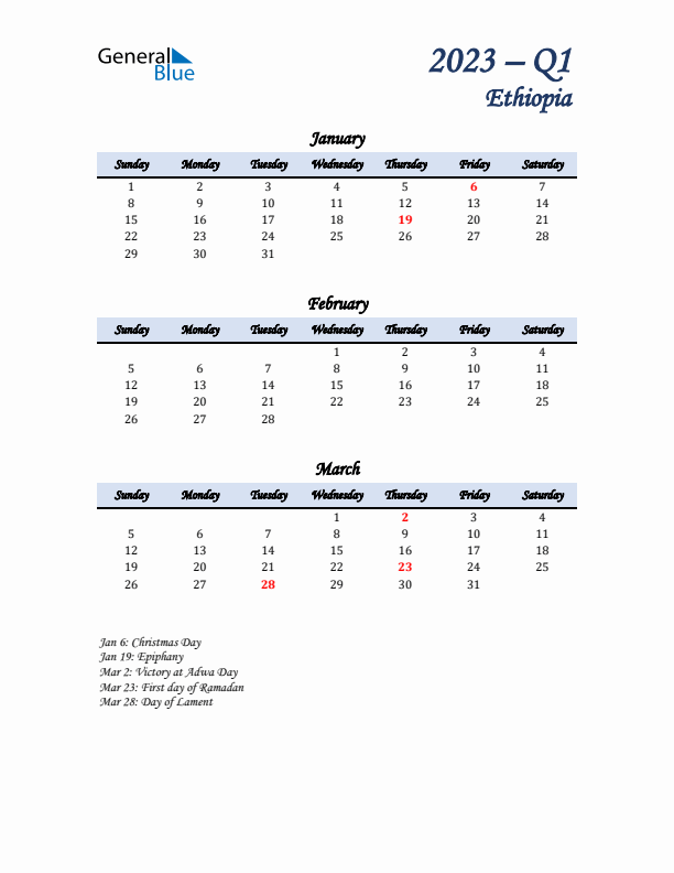 January, February, and March Calendar for Ethiopia with Sunday Start