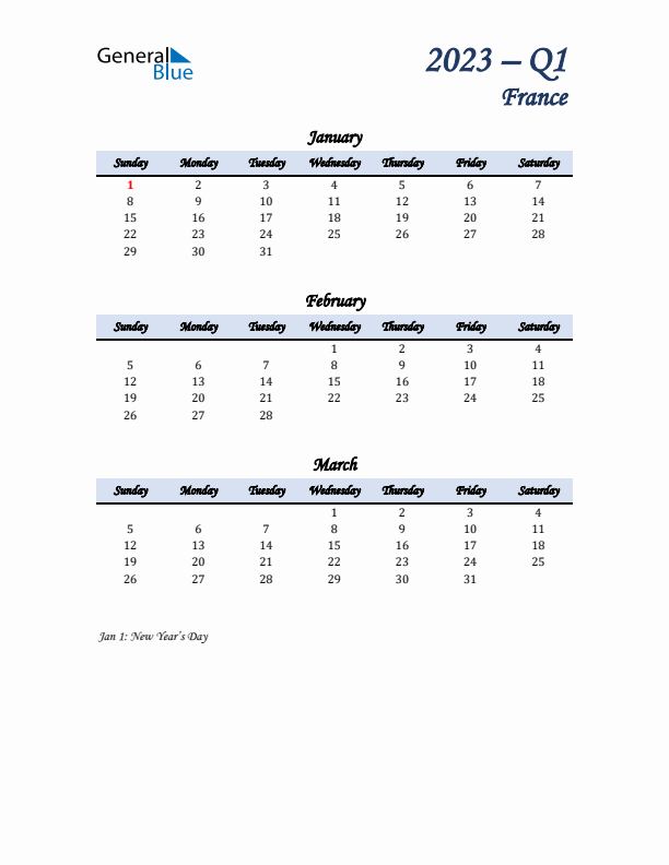 January, February, and March Calendar for France with Sunday Start