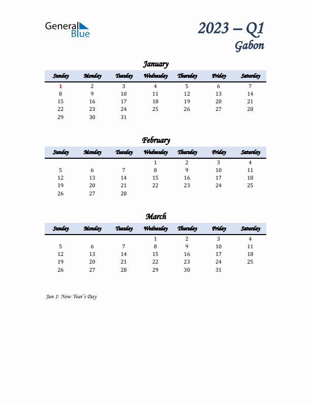 January, February, and March Calendar for Gabon with Sunday Start