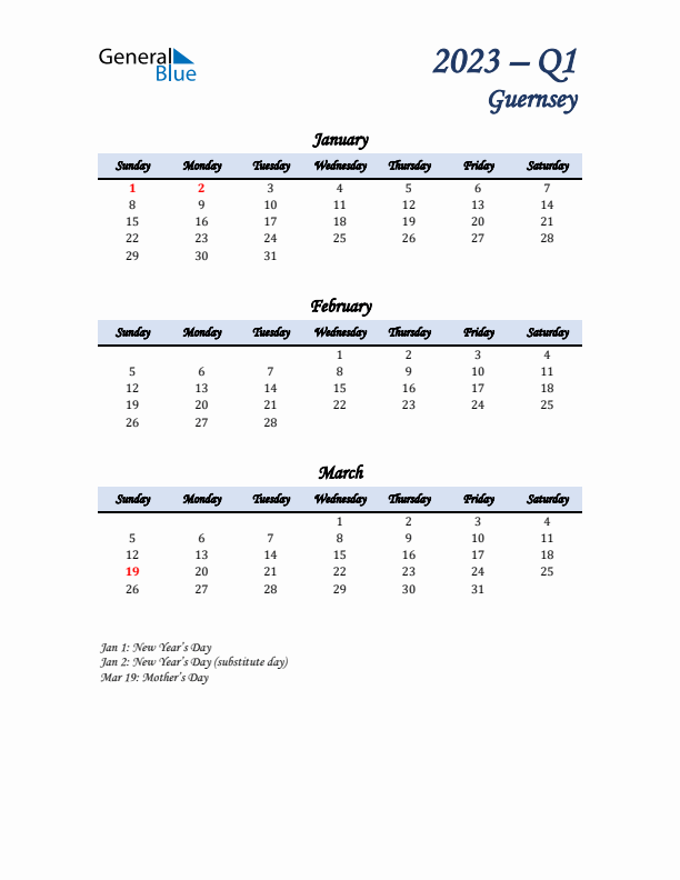 January, February, and March Calendar for Guernsey with Sunday Start