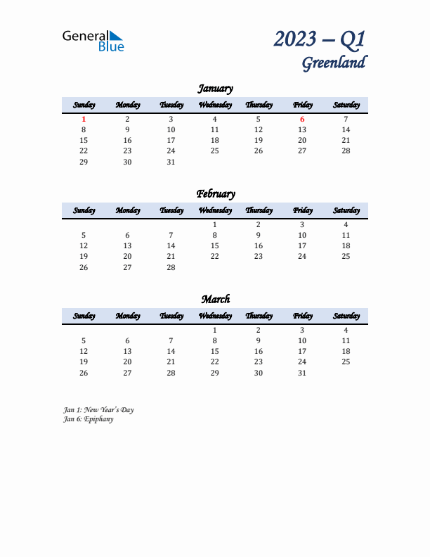 January, February, and March Calendar for Greenland with Sunday Start