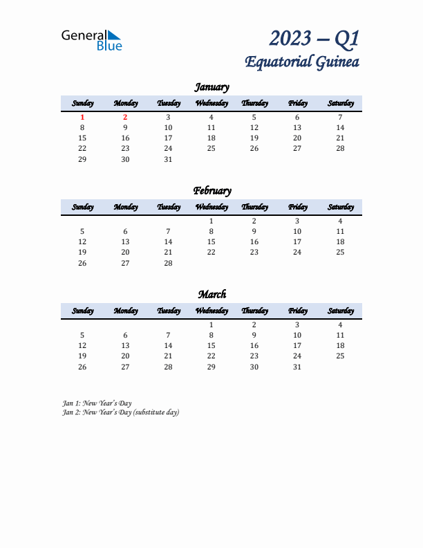 January, February, and March Calendar for Equatorial Guinea with Sunday Start