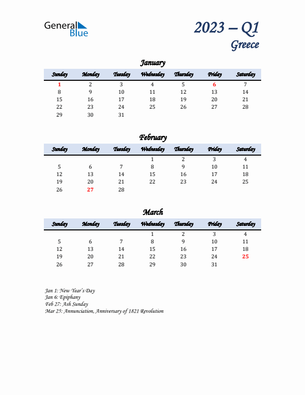 January, February, and March Calendar for Greece with Sunday Start