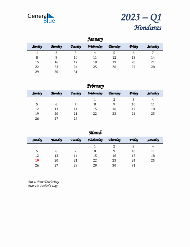 January, February, and March Calendar for Honduras with Sunday Start