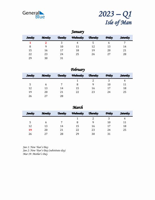 January, February, and March Calendar for Isle of Man with Sunday Start