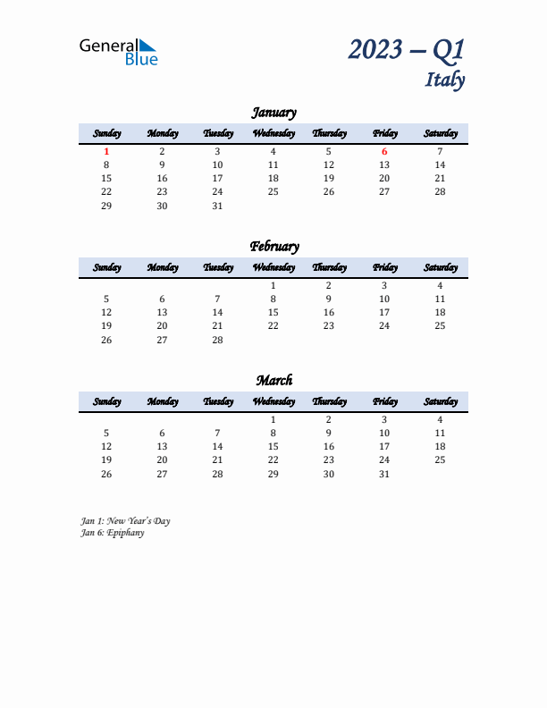 January, February, and March Calendar for Italy with Sunday Start