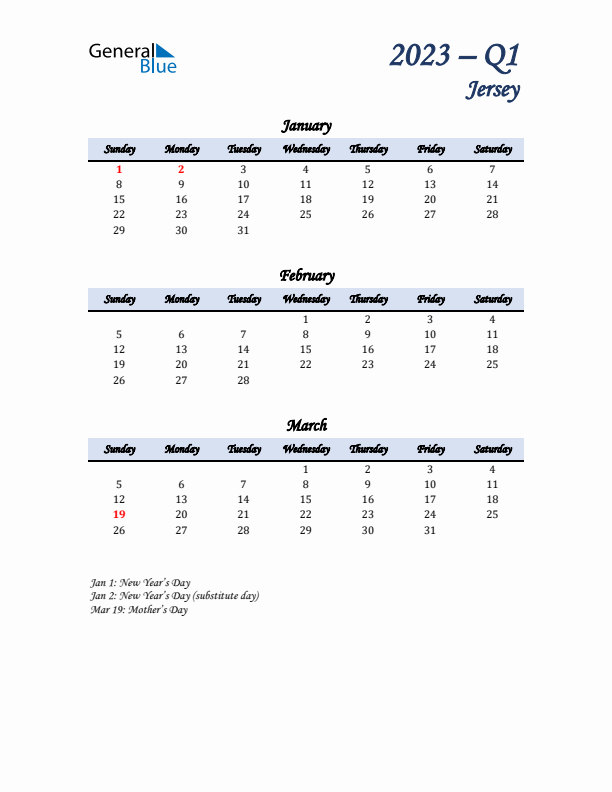 January, February, and March Calendar for Jersey with Sunday Start