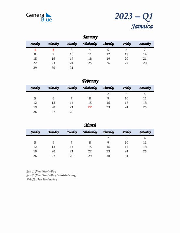 January, February, and March Calendar for Jamaica with Sunday Start