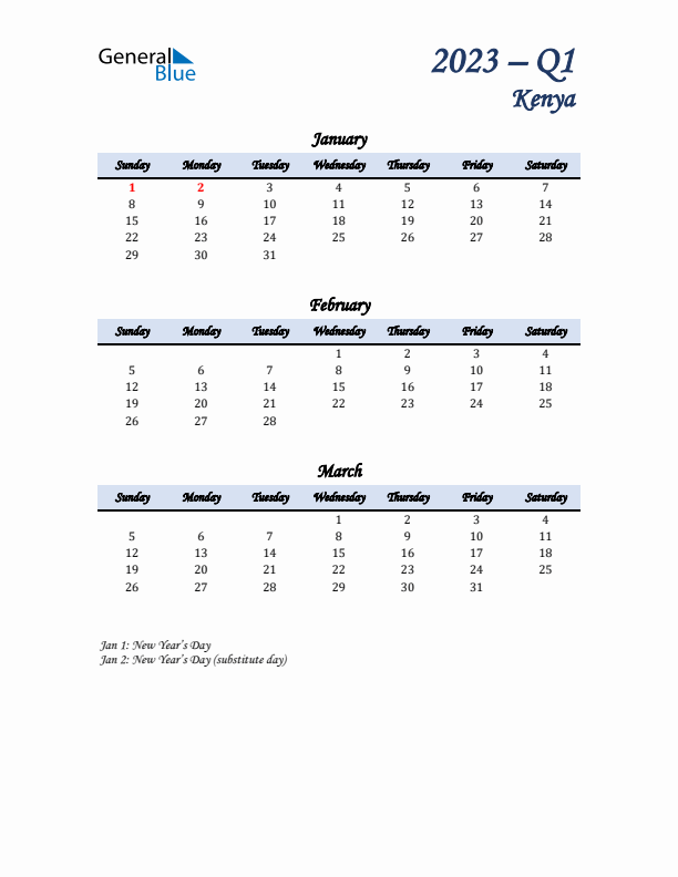 January, February, and March Calendar for Kenya with Sunday Start