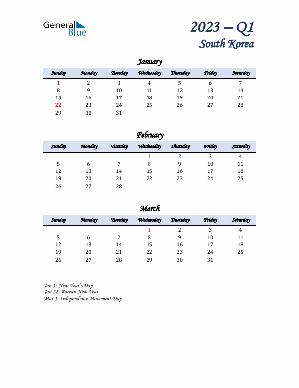 January, February, and March Calendar for South Korea with Sunday Start