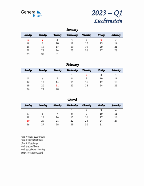 January, February, and March Calendar for Liechtenstein with Sunday Start