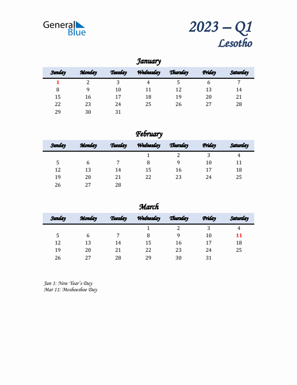 January, February, and March Calendar for Lesotho with Sunday Start