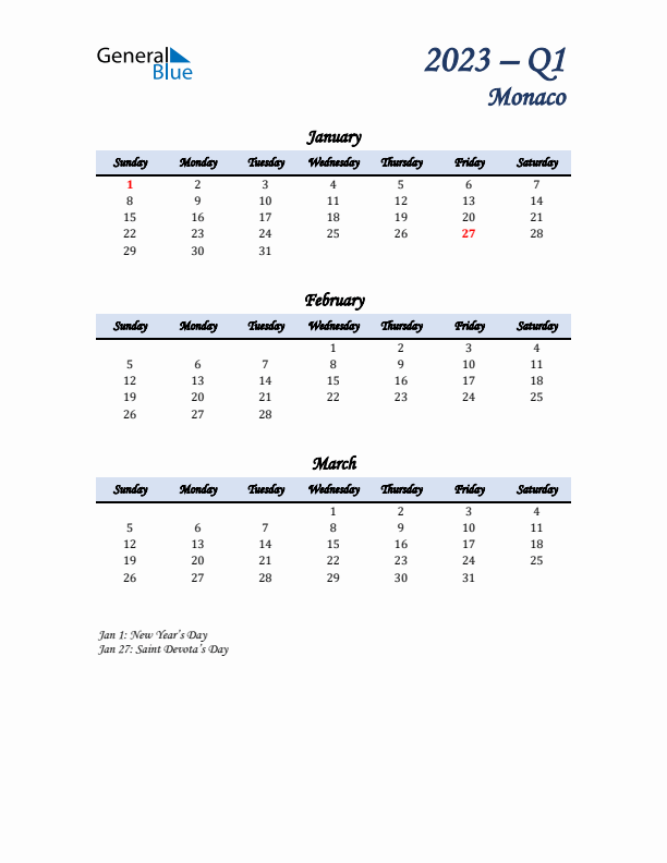 January, February, and March Calendar for Monaco with Sunday Start