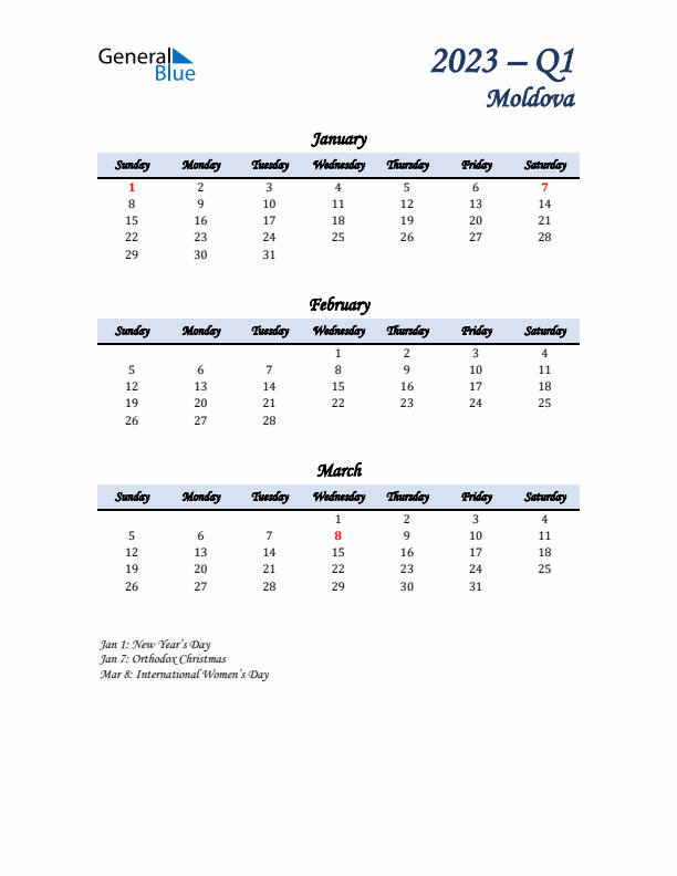 January, February, and March Calendar for Moldova with Sunday Start