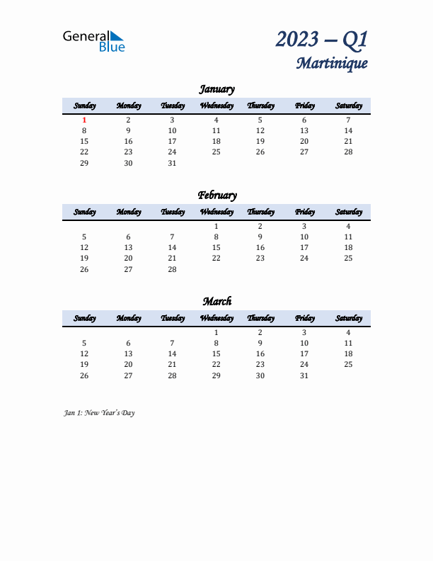 January, February, and March Calendar for Martinique with Sunday Start