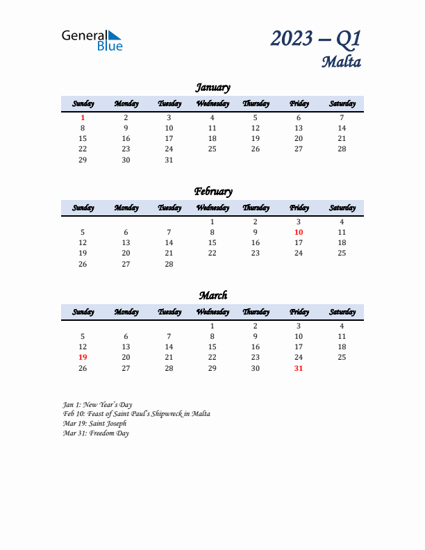 January, February, and March Calendar for Malta with Sunday Start