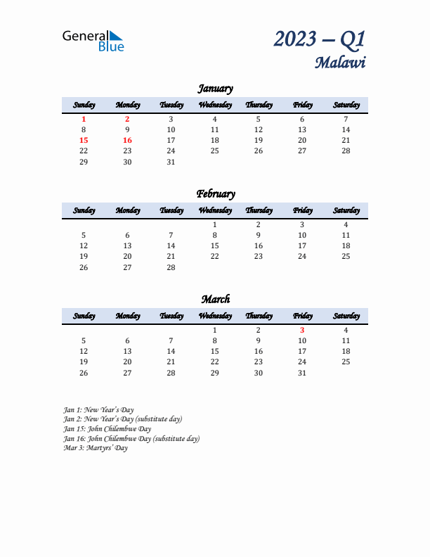 January, February, and March Calendar for Malawi with Sunday Start