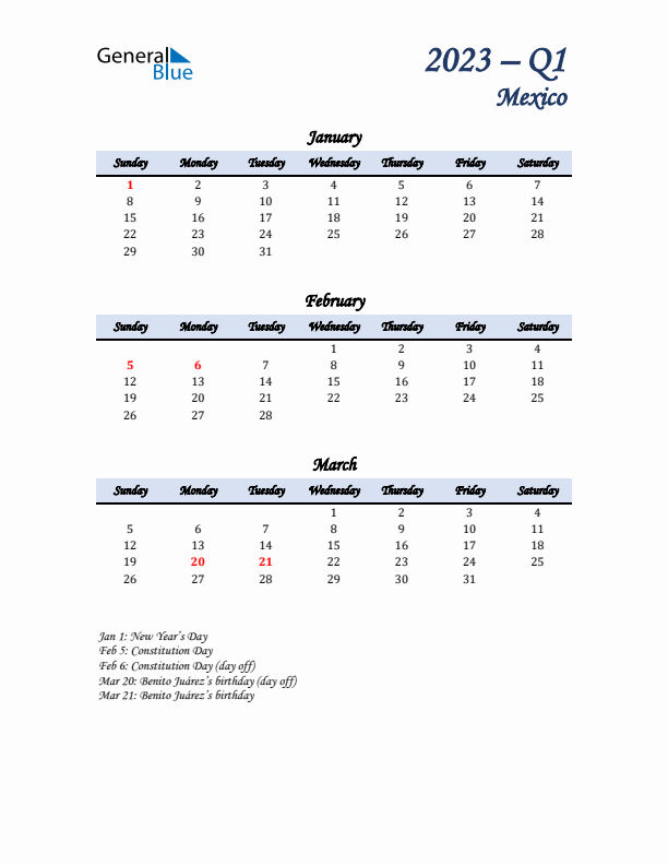 January, February, and March Calendar for Mexico with Sunday Start