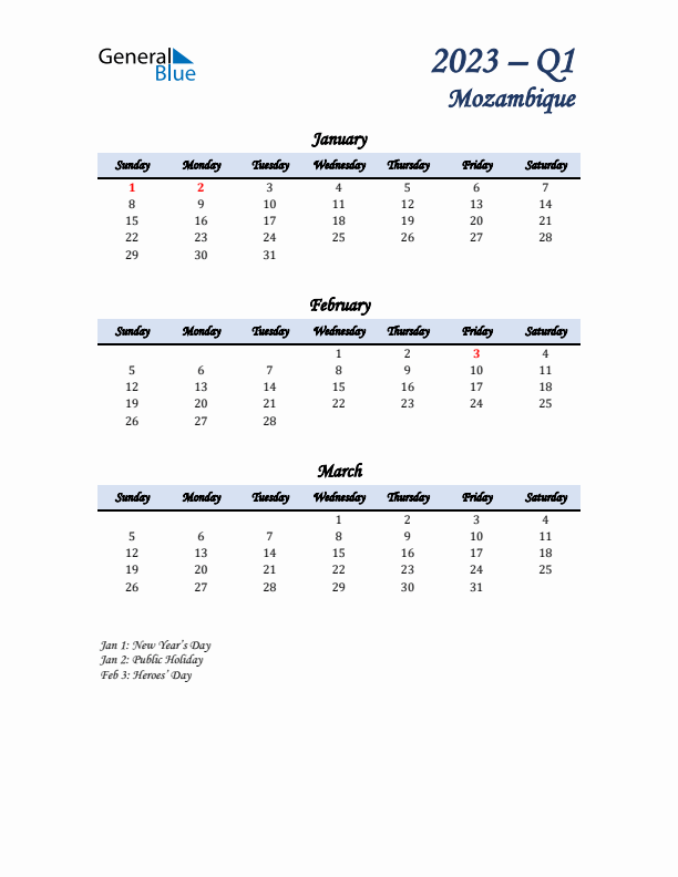 January, February, and March Calendar for Mozambique with Sunday Start