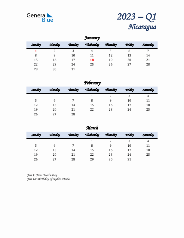 January, February, and March Calendar for Nicaragua with Sunday Start