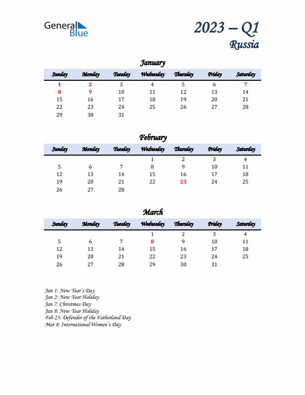 January, February, and March Calendar for Russia with Sunday Start