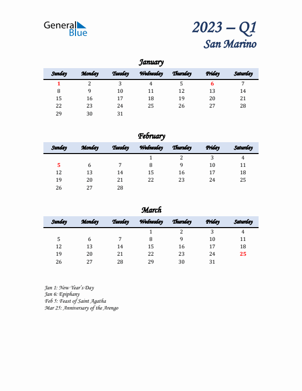 January, February, and March Calendar for San Marino with Sunday Start