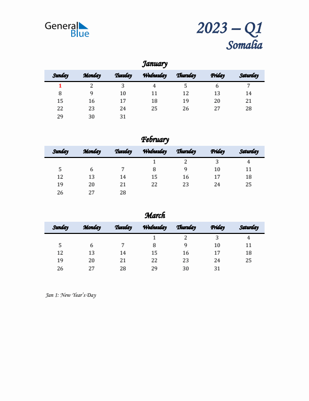 January, February, and March Calendar for Somalia with Sunday Start