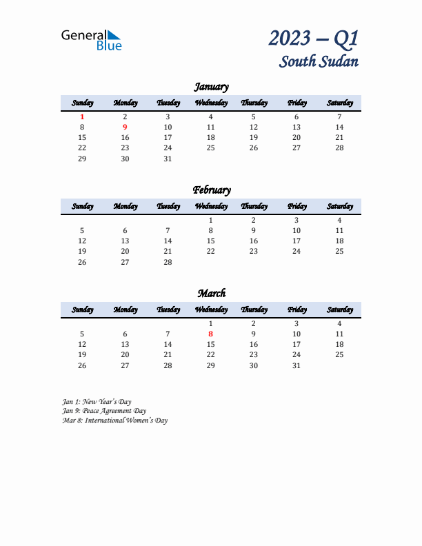 January, February, and March Calendar for South Sudan with Sunday Start