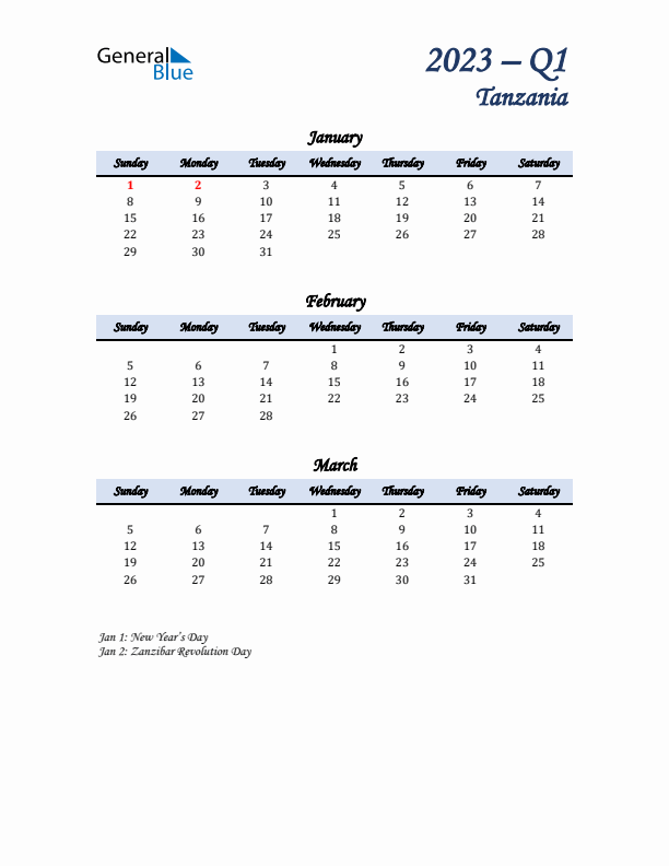 January, February, and March Calendar for Tanzania with Sunday Start