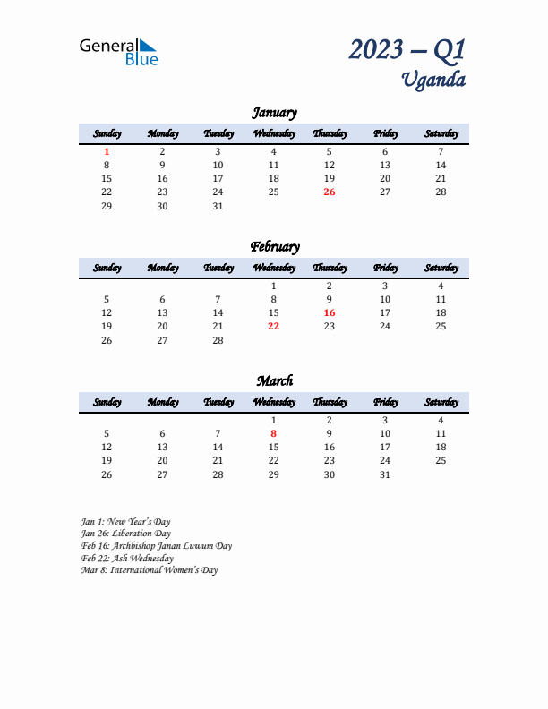 January, February, and March Calendar for Uganda with Sunday Start