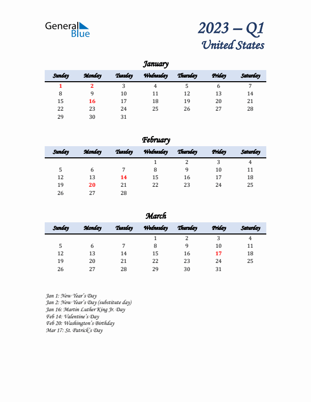 January, February, and March Calendar for United States with Sunday Start