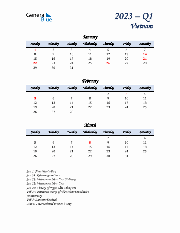 January, February, and March Calendar for Vietnam with Sunday Start