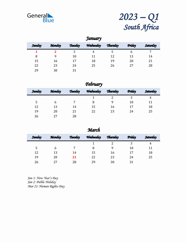 January, February, and March Calendar for South Africa with Sunday Start