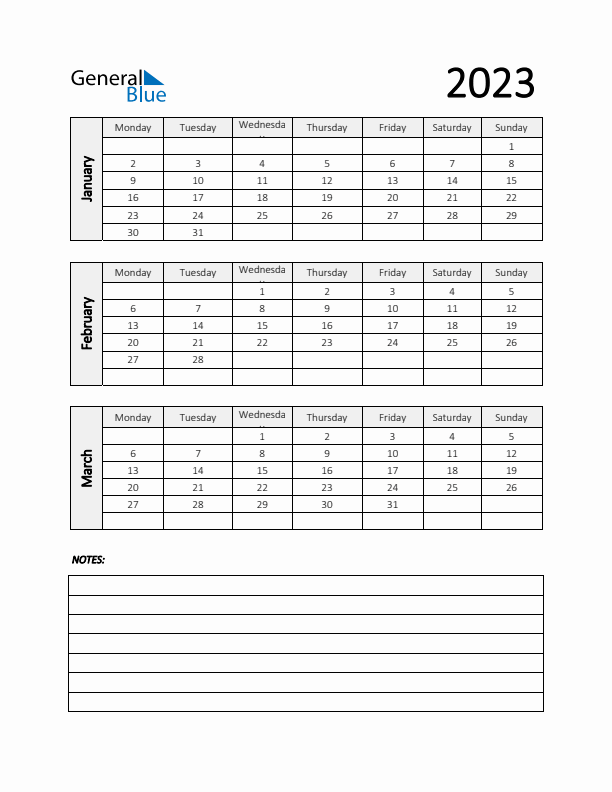 Q1 2023 Calendar with Notes