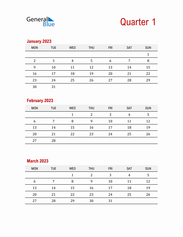 Three-Month Printable Calendar 2023