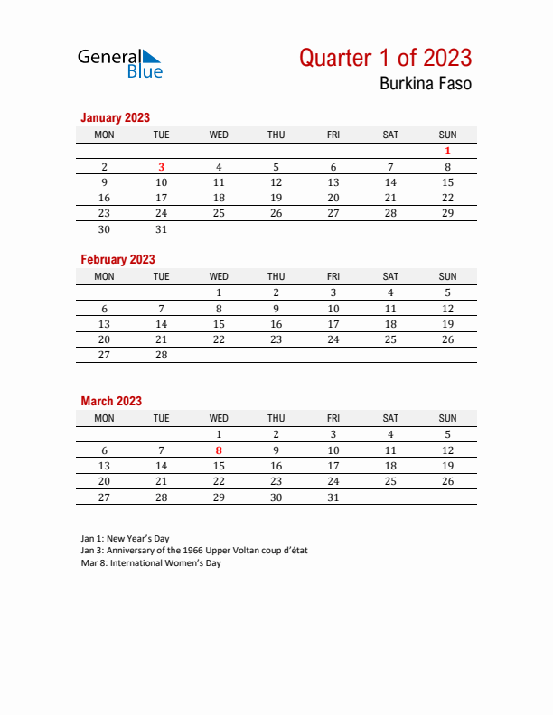 Printable Three Month Calendar with Burkina Faso Holidays