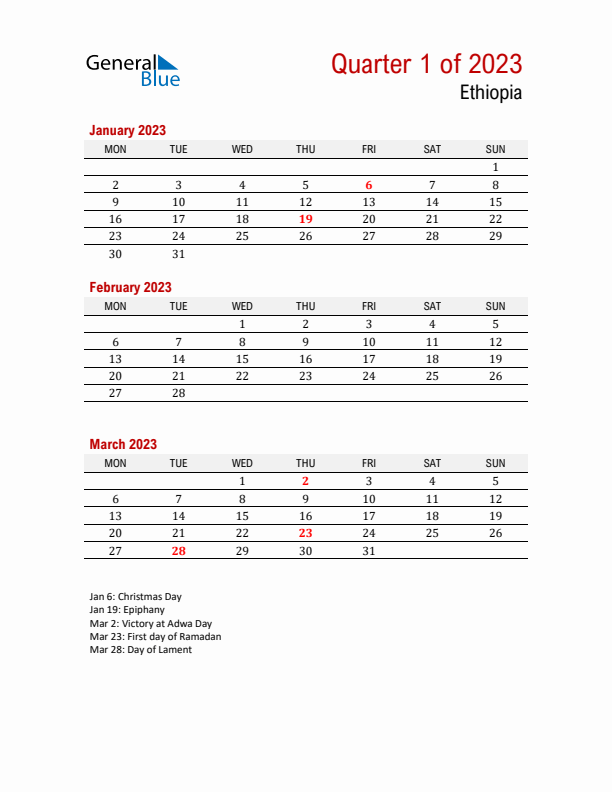 Printable Three Month Calendar with Ethiopia Holidays