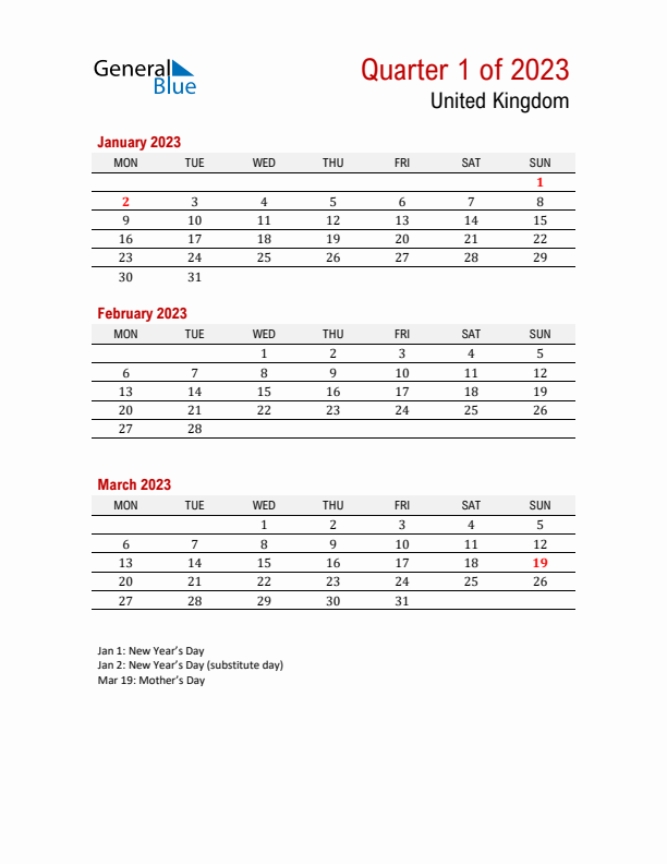 Printable Three Month Calendar with United Kingdom Holidays