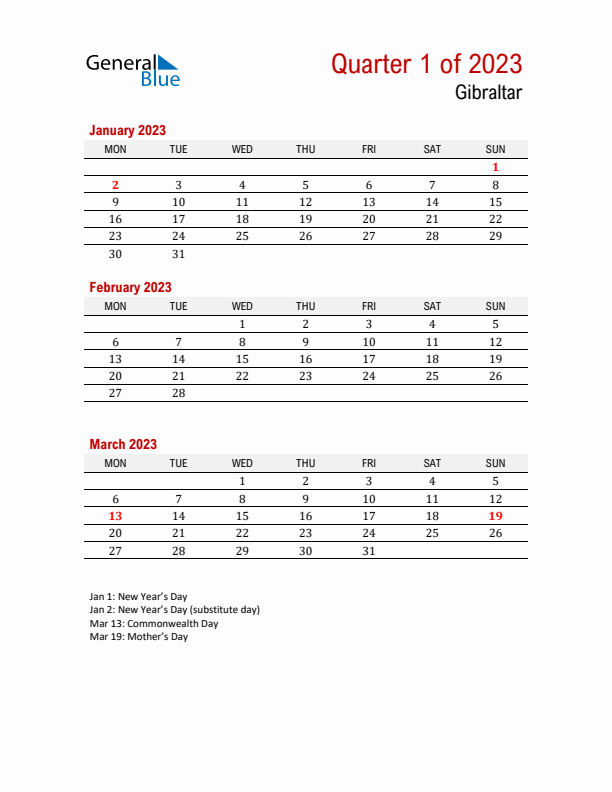 Printable Three Month Calendar with Gibraltar Holidays